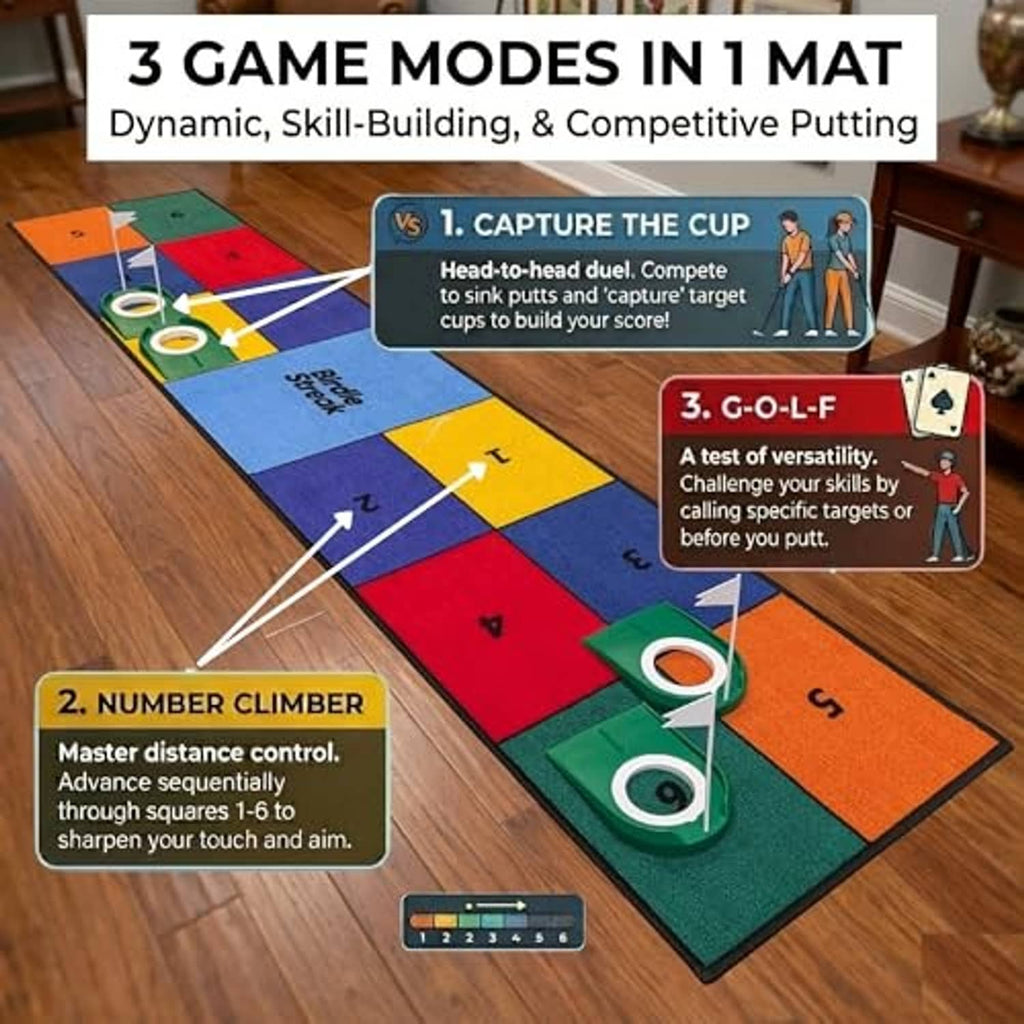 Indoor golf putting mat with 4 cup targets and multicolor numbered squares