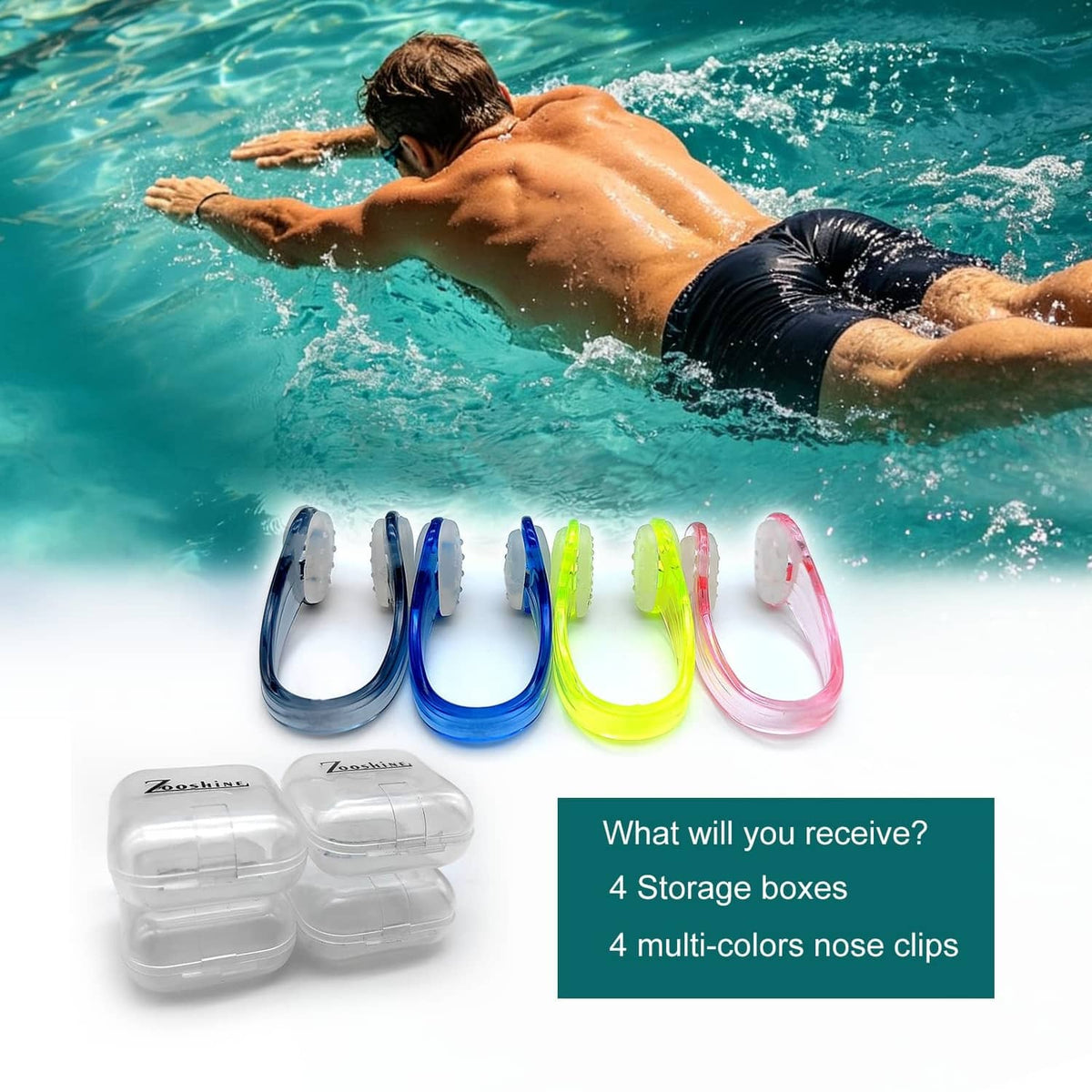 Four silicone swimming nose clips with four clear storage boxes