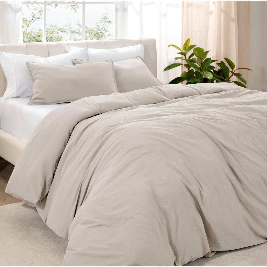 Fog-washed microfiber duvet cover set with two pillow shams on bed