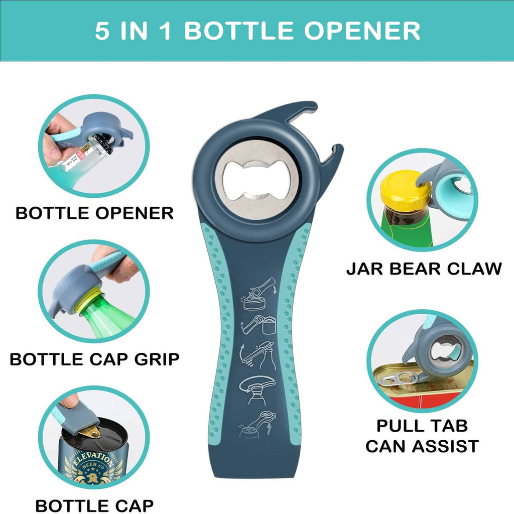 Blue 5-in-1 opener tool with bottle cap grip and jar claw pull tab
