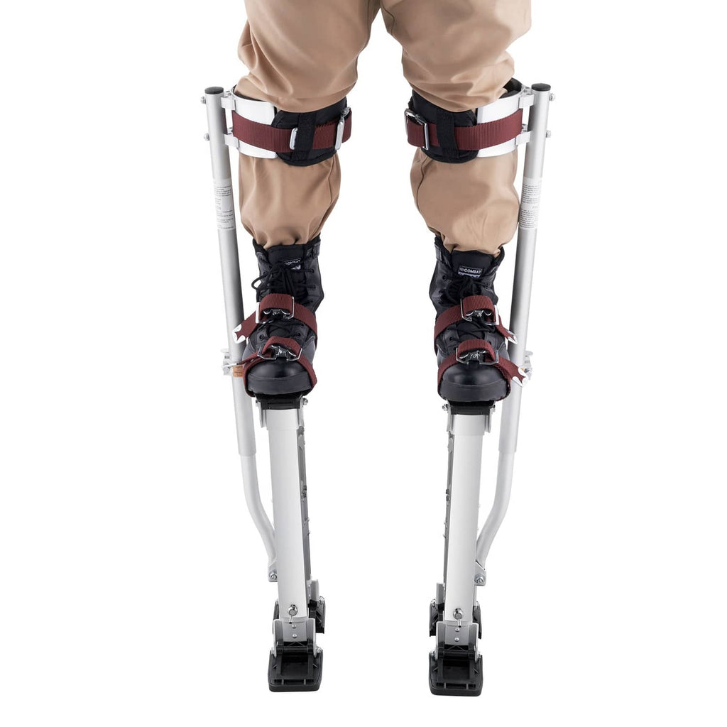 Adjustable drywall stilts with black foot pads and maroon ankle straps on legs