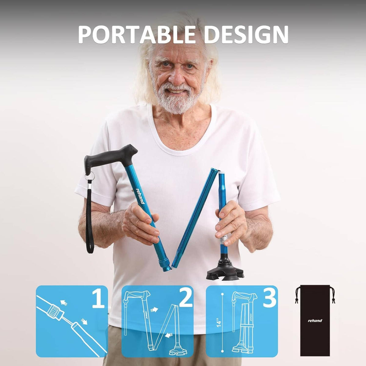 Foldable walking cane with removable grip, pivot base, and carry bag for portability.