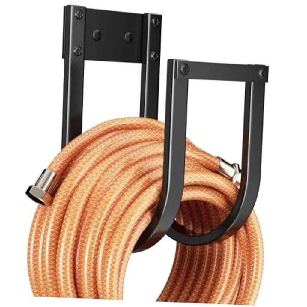 Black metal wall-mounted hose hanger with two hooks holding orange striped hose