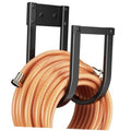 Black metal wall-mounted hose hanger with two hooks holding orange striped hose