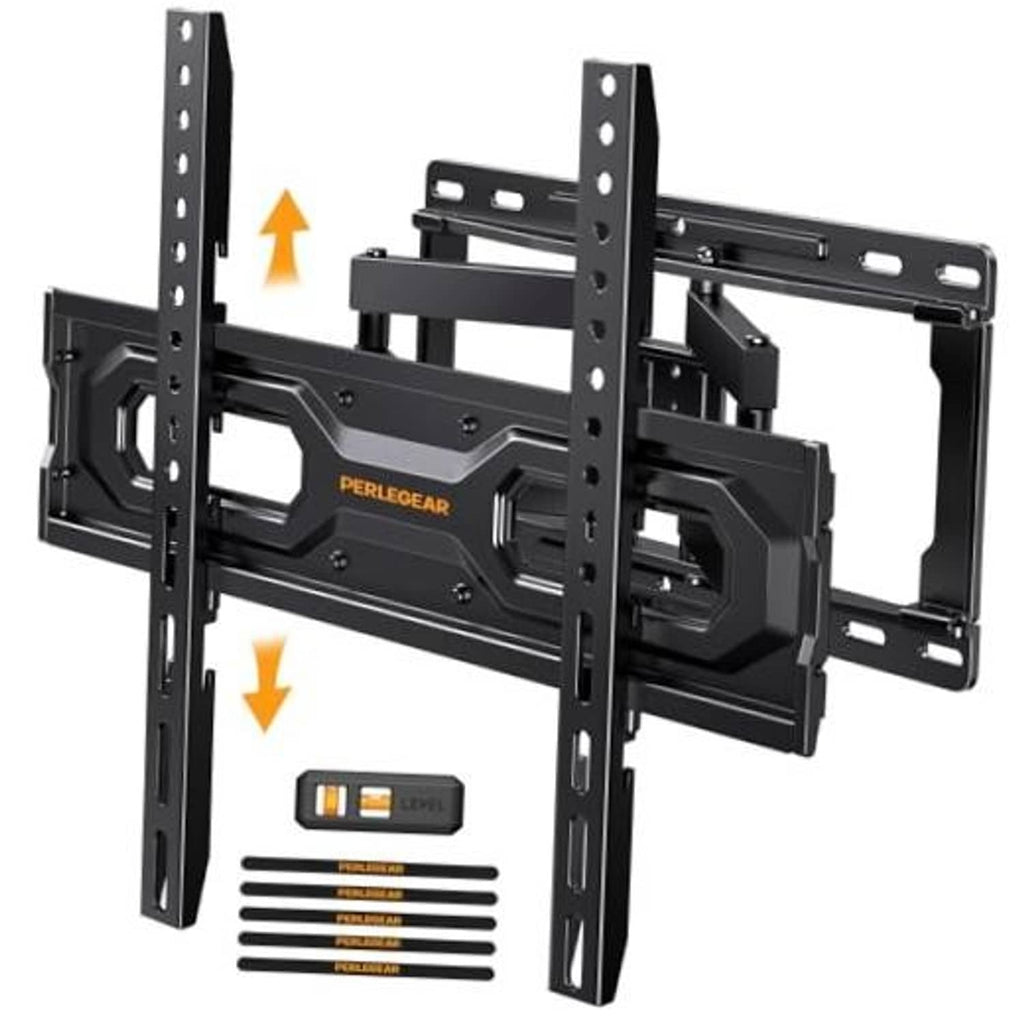 Full-motion TV wall mount with mounting plate, arms, and included level