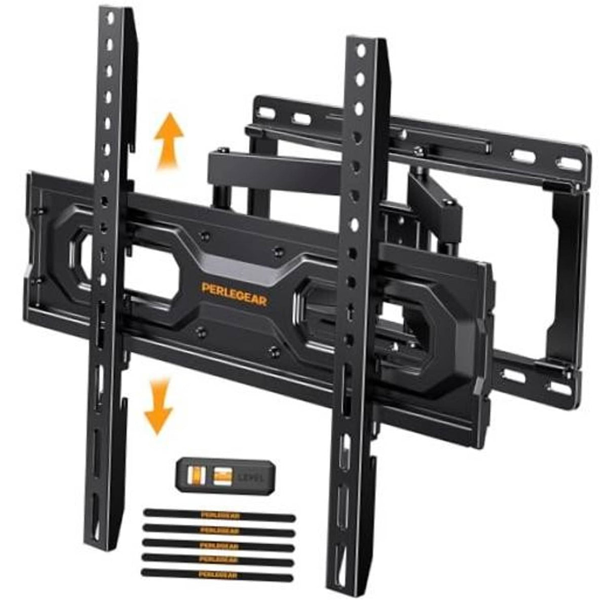 Full-motion TV wall mount with mounting plate, arms, and included level