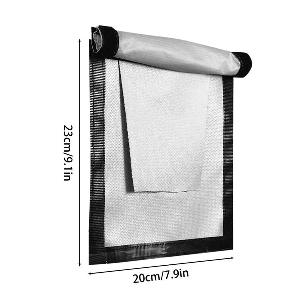 Square tent stove jack chimney opening with light gray panel and black border trim