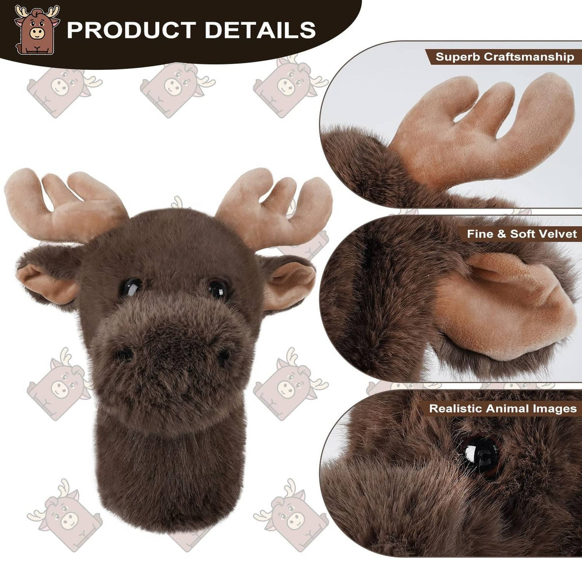 Brown moose plush golf driver headcover with soft velvety texture and detailed face