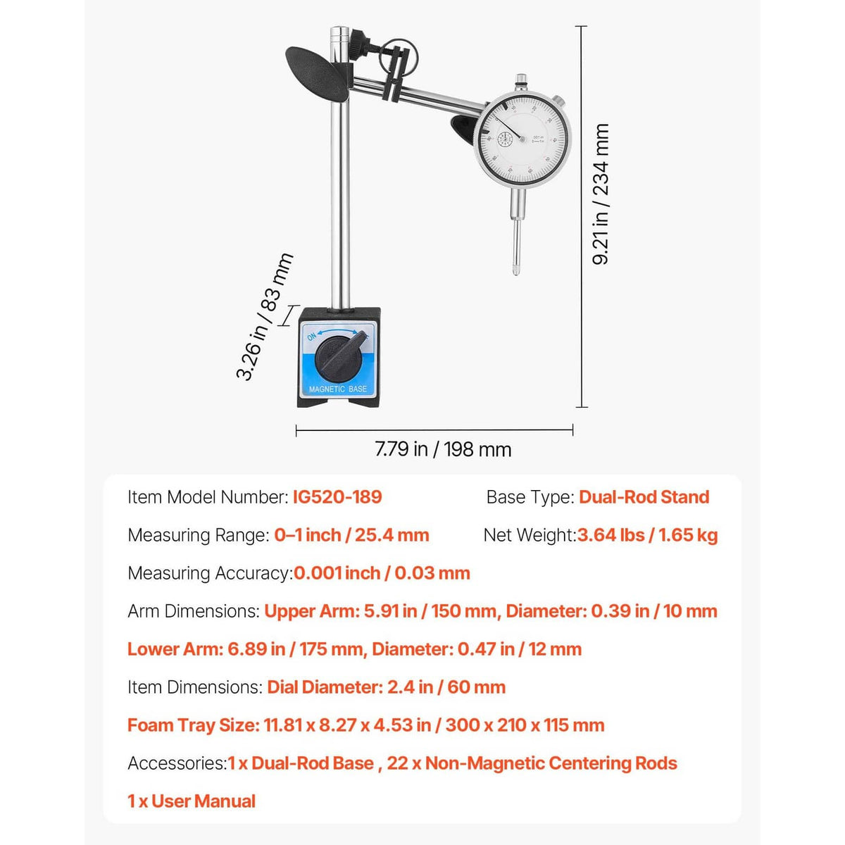 Dial test indicator dimensions view: dual-rod stand with magnetic base and gauge