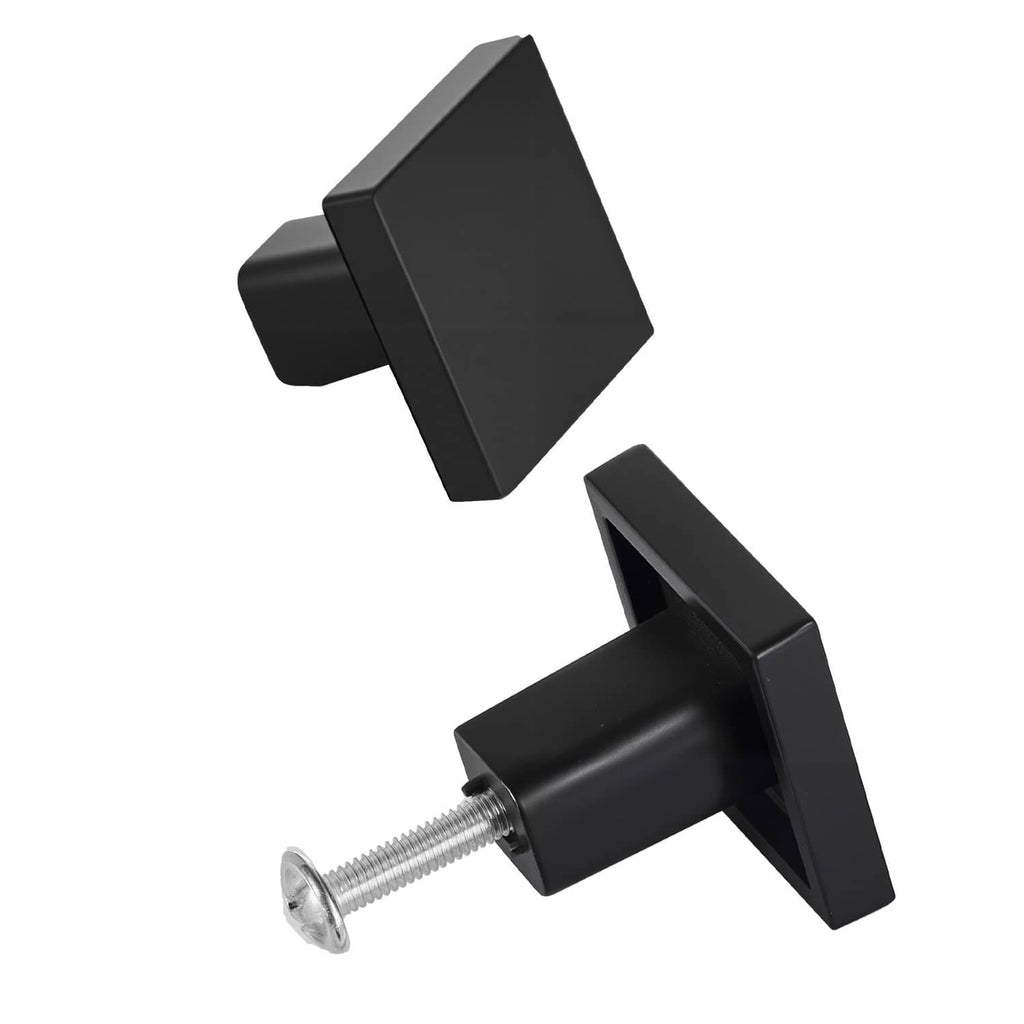 Square black cabinet knob with short threaded screw, matte zinc alloy finish