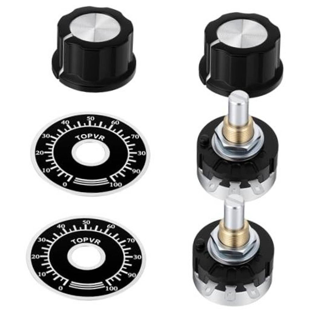Two rotary potentiometers: black knobs, circular dial faces, and threaded metal shafts