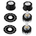 Two rotary potentiometers: black knobs, circular dial faces, and threaded metal shafts