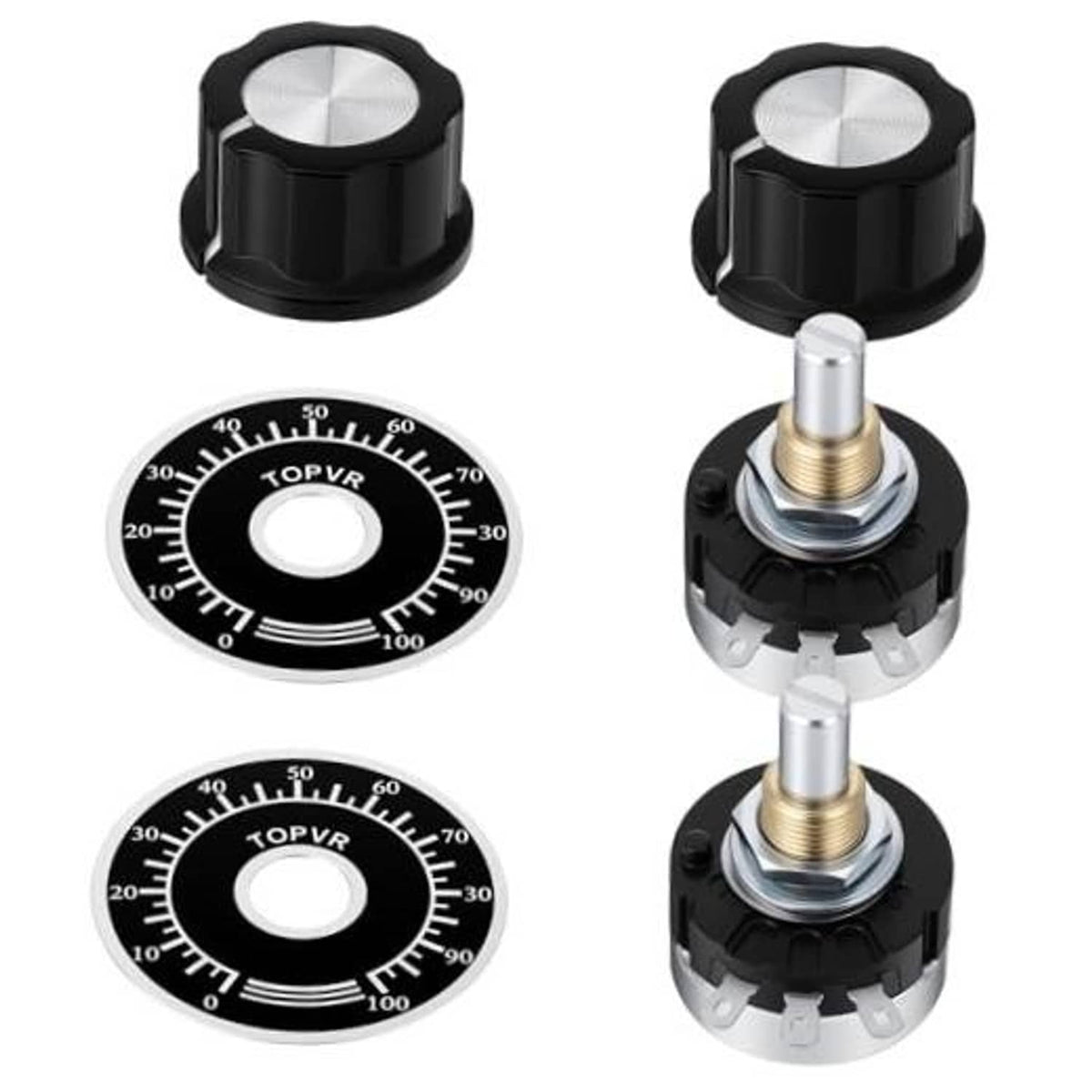 Two rotary potentiometers: black knobs, circular dial faces, and threaded metal shafts
