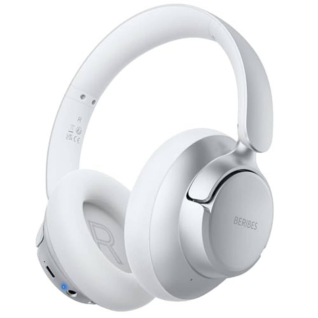 Silver over-ear wireless ANC headphones with cushioned earcups and padded headband