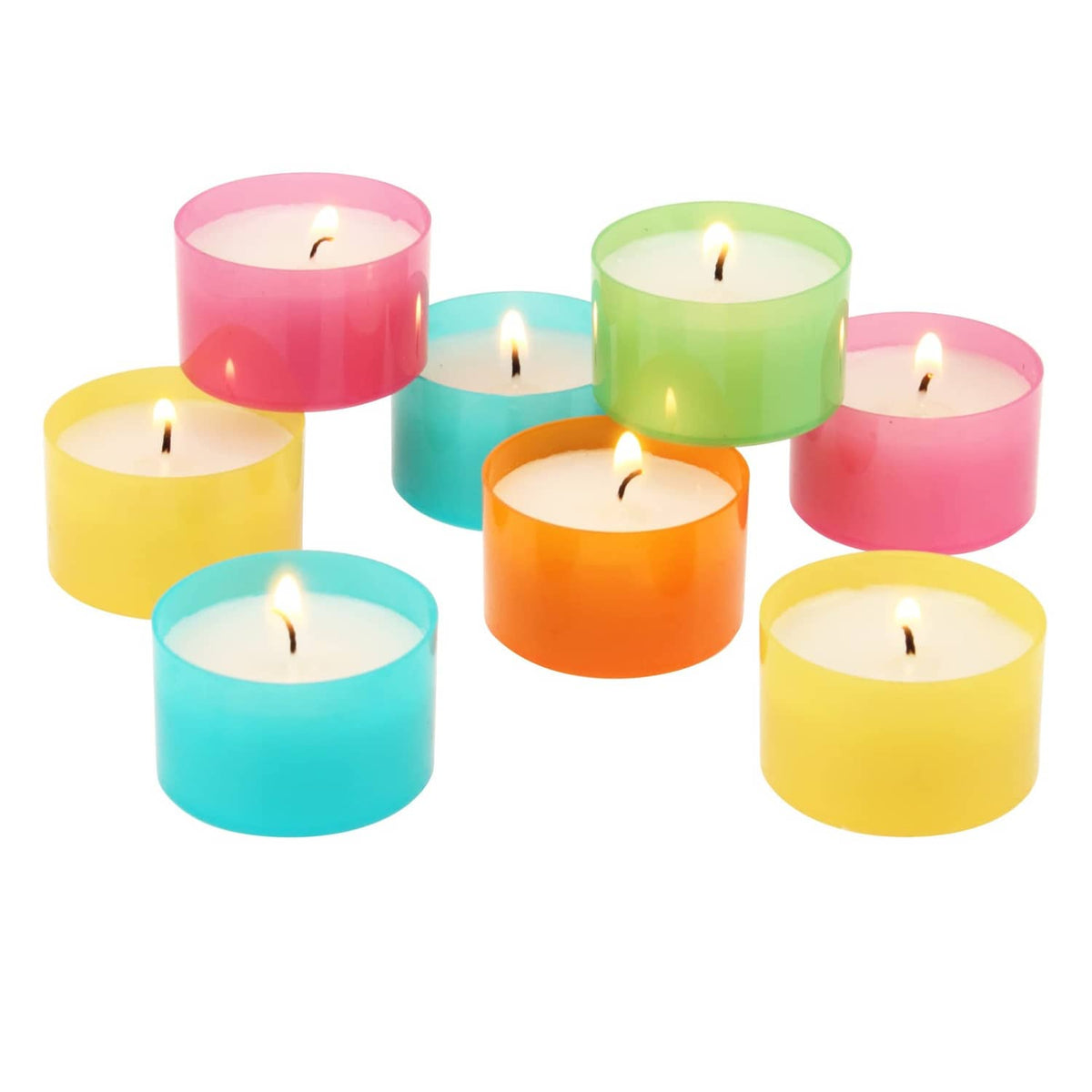 Assorted color tea light candles with lit wicks in pink, green, orange, blue, and yellow.