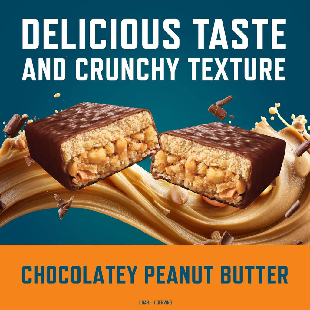 Chocolatey peanut butter protein bars with crunchy texture and snack bar pieces
