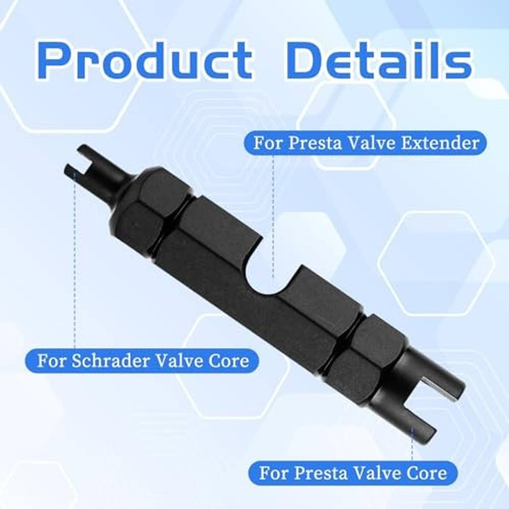 Black valve core extender/remover tool with dual prongs and long body