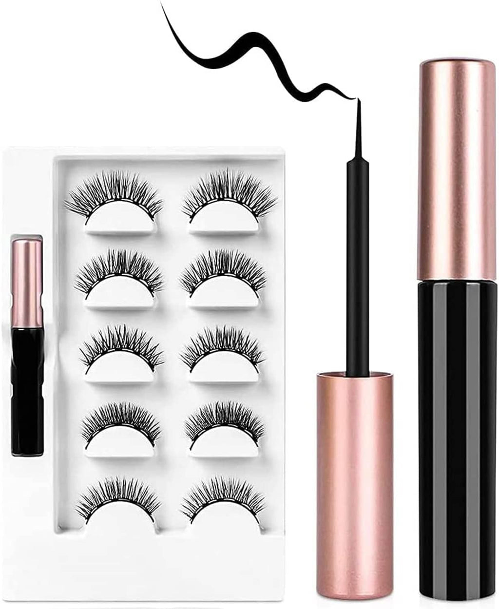 Magnetic false eyelash kit with 8 lash pairs tray, liner pen, and applicator