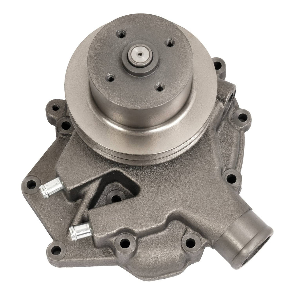 Steel water pump with inlet and outlet ports plus pulley hub, metallic gray housing.