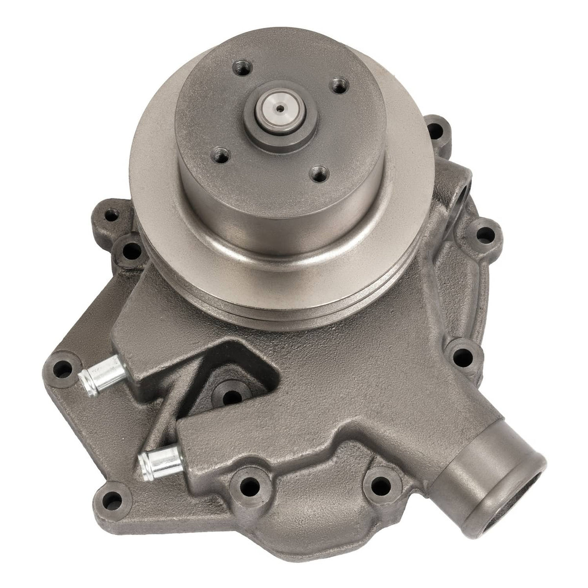 Steel water pump with inlet and outlet ports plus pulley hub, metallic gray housing.