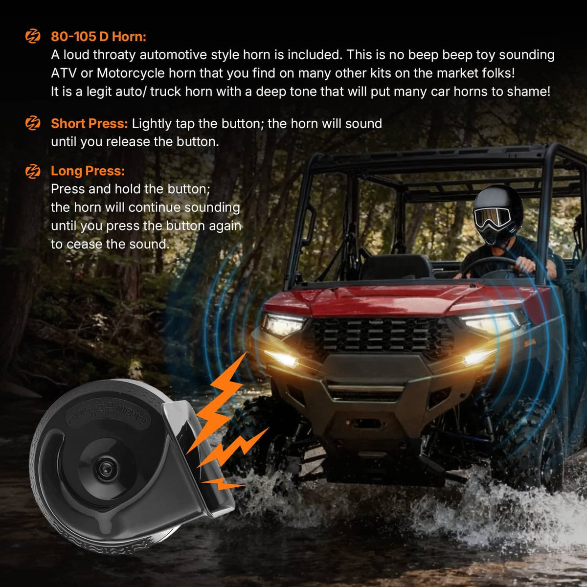 UTV horn unit with mounting bracket, shown with front lights and sound wave effect