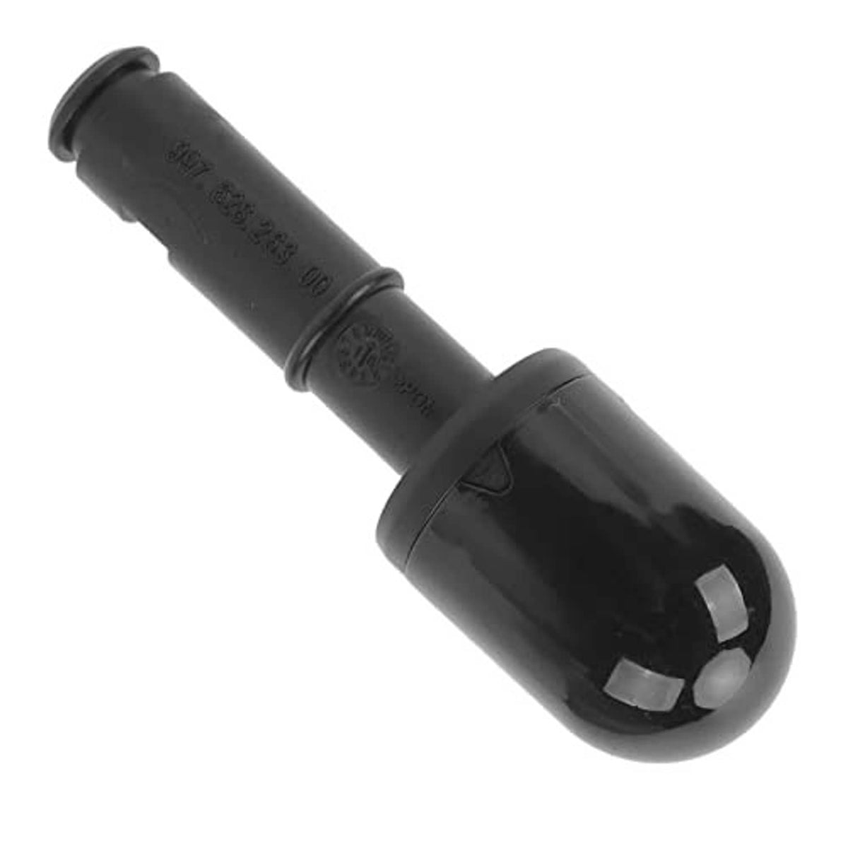 Black headlight washer nozzle with angled spray tip and textured connector body.