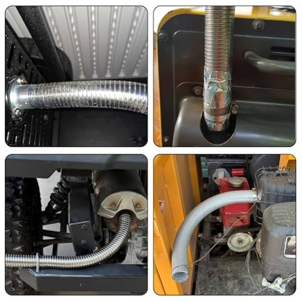 304 stainless flex exhaust pipe connected and routed in an engine compartment