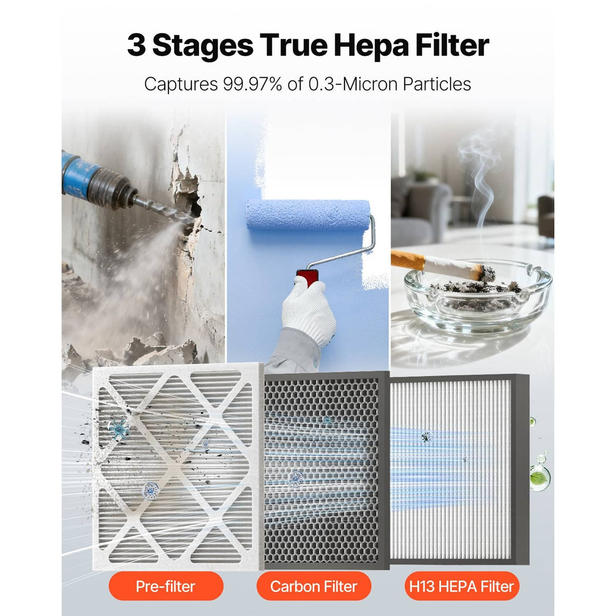 3-stage HEPA air scrubber filter stack shown: pre-filter, carbon, and H13 HEPA