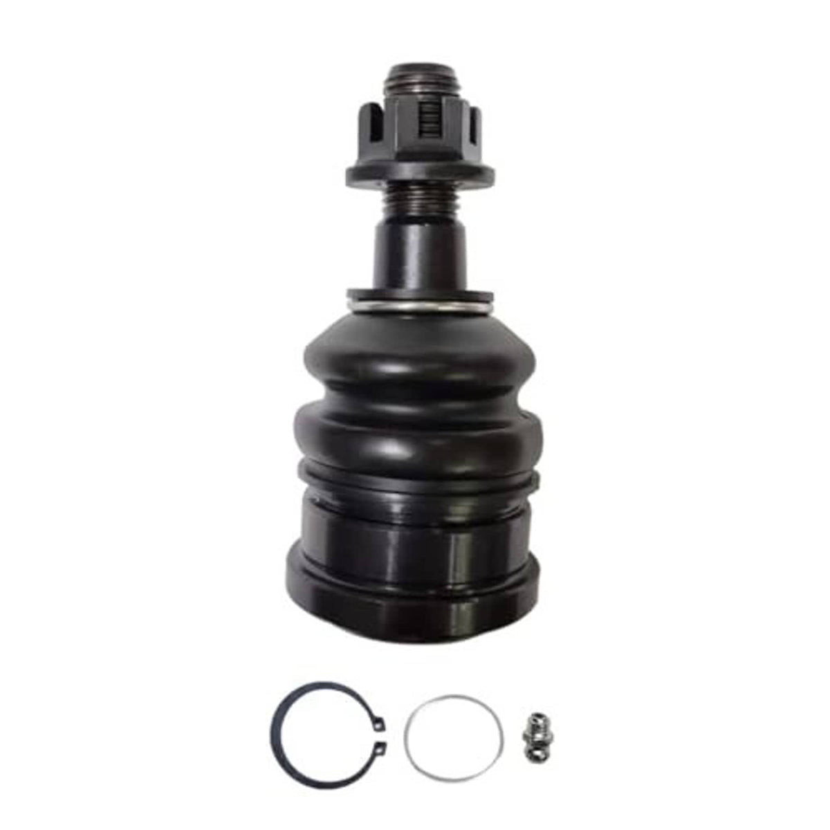 Front upper ball joint with black rubber boot and threaded mounting stud