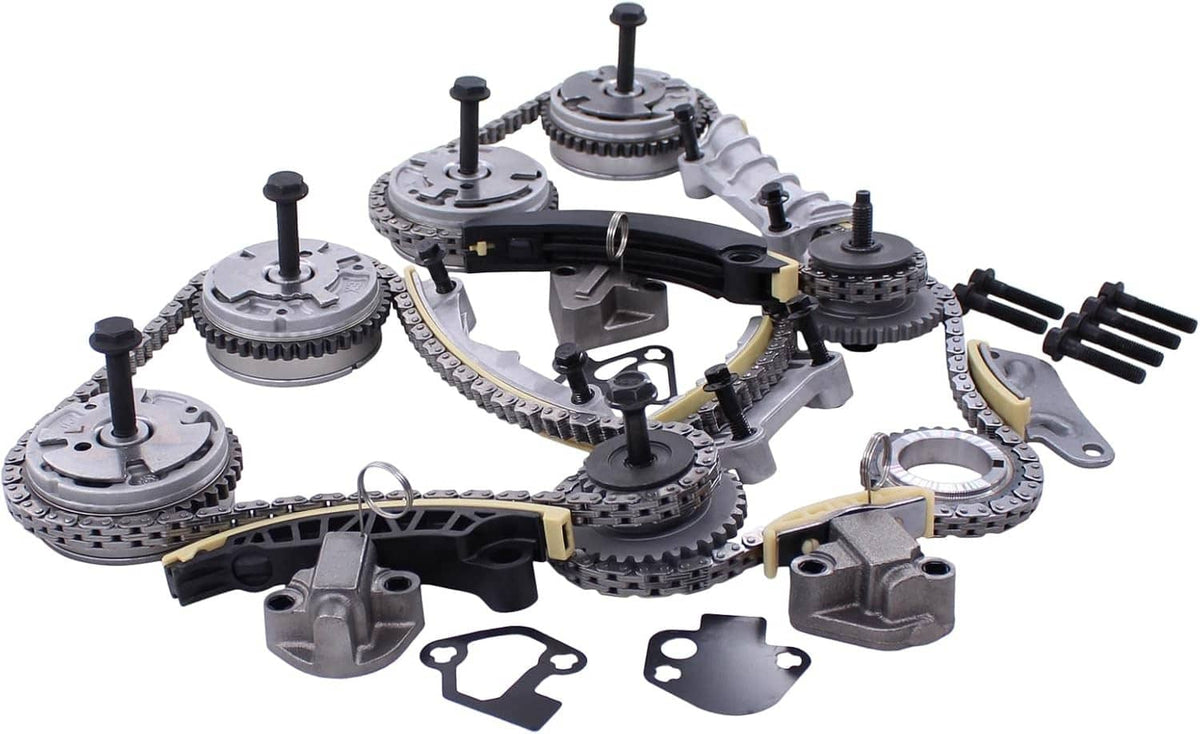 Timing chain kit with sprockets, chain, guides, tensioner, and mounting hardware