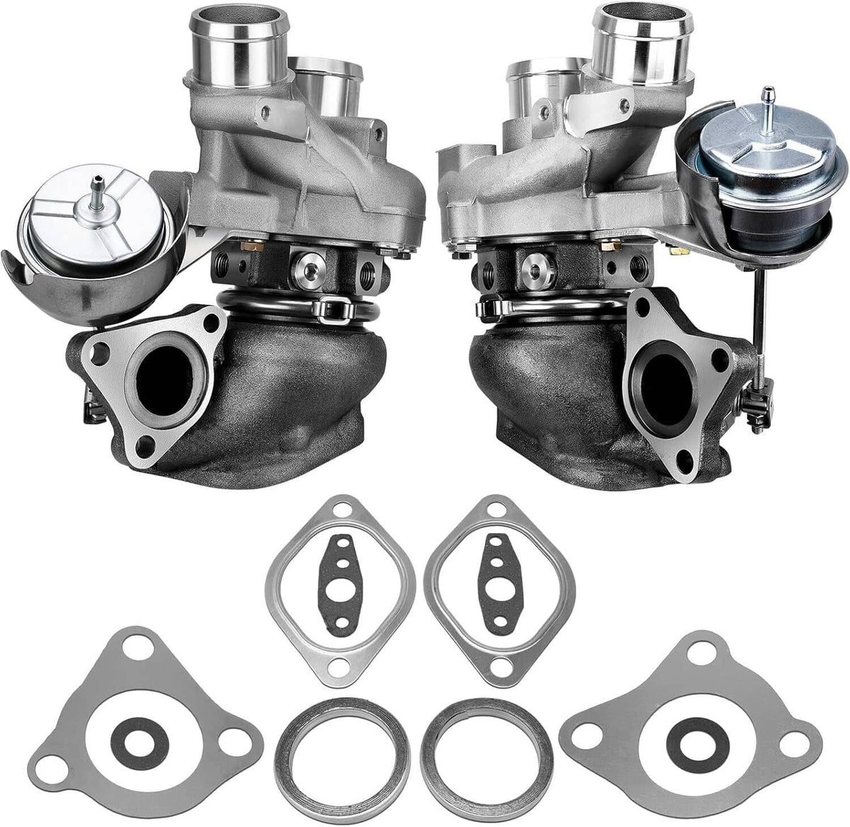 Pair of silver turbochargers with gaskets and seals included