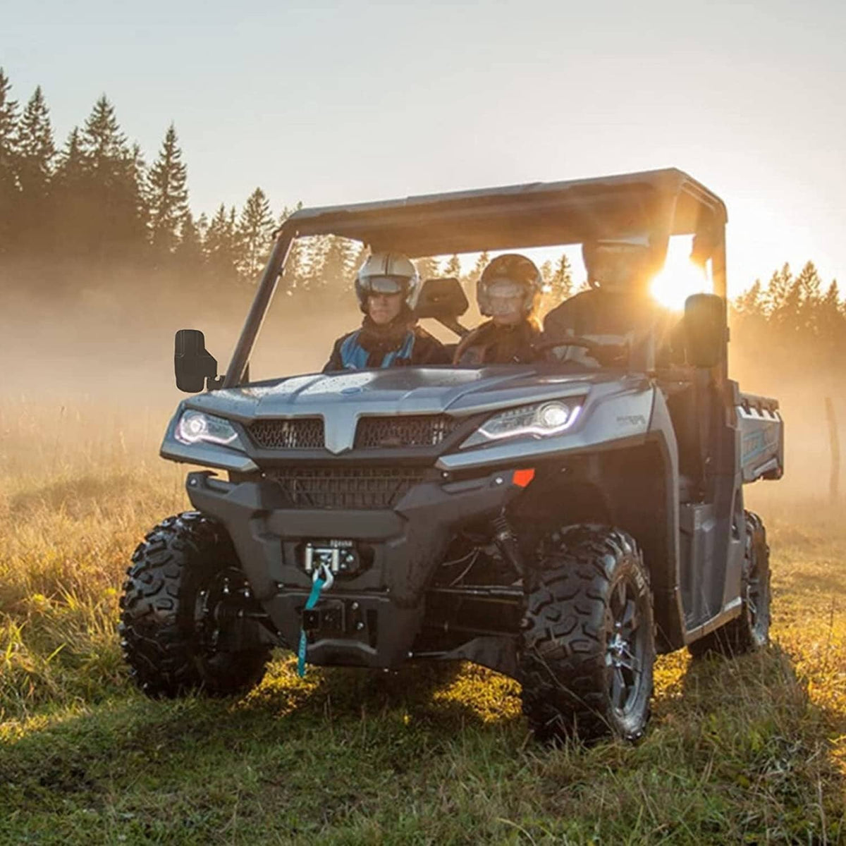 Foldable UTV rearview side mirror with black housing and clear rectangular lens, mounted on a roll cage