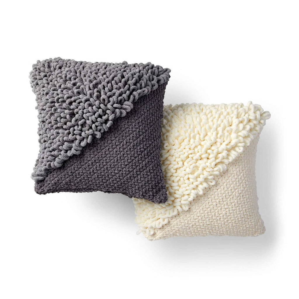 Set of two chunky knit pillows, gray and cream, textured boucle stitch