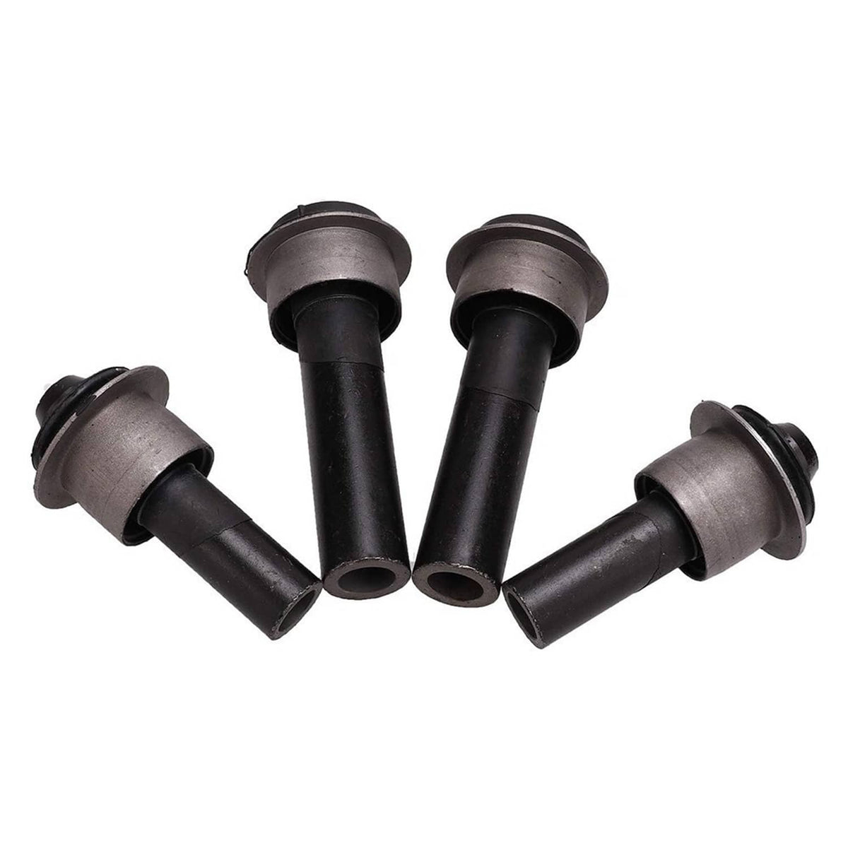 Four front subframe crossmember bushings with black rubber and silver metal caps