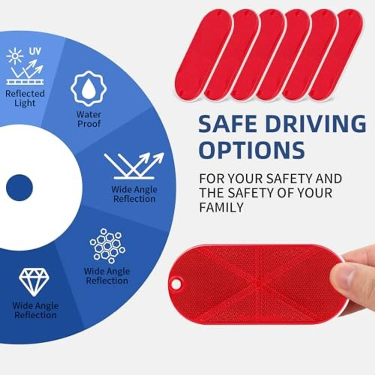 Red oval bike reflector held in hand, showing reflective surface and screw hole.