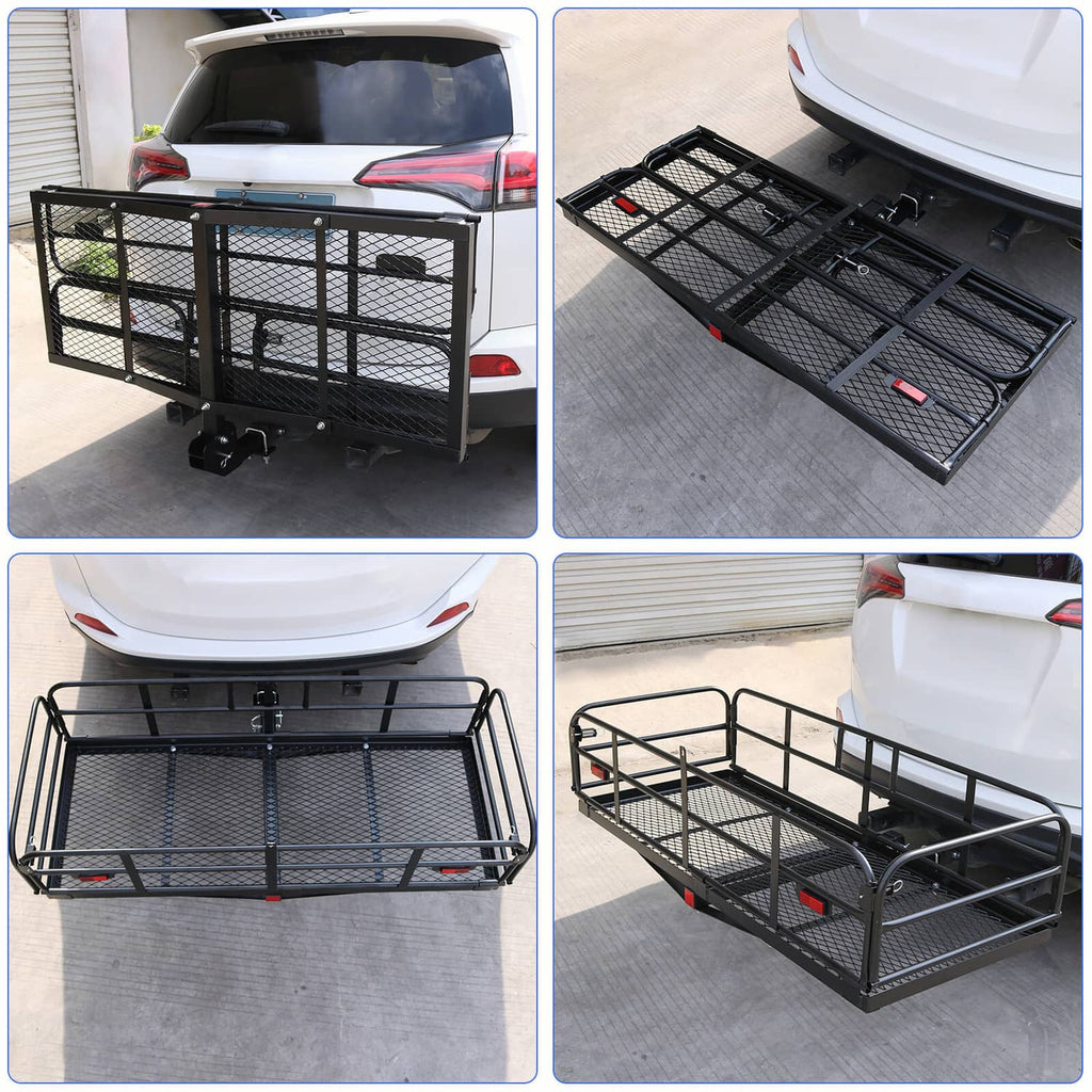 Folding SUV cargo basket with mesh platform and end panels shown on a vehicle