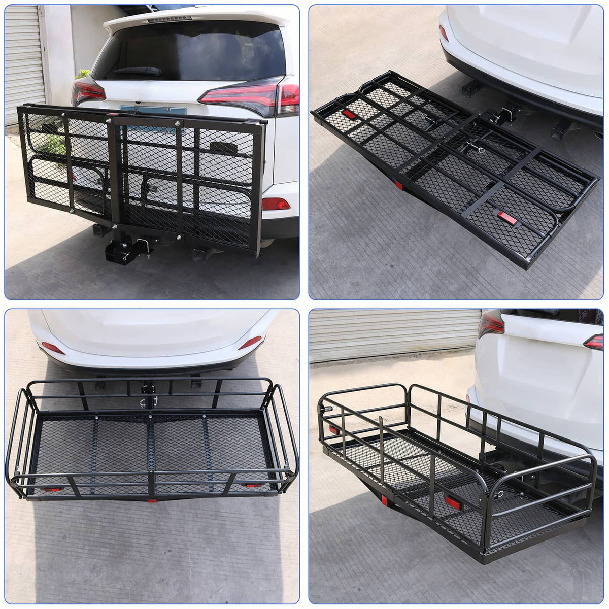Folding SUV cargo basket with mesh platform and end panels shown on a vehicle