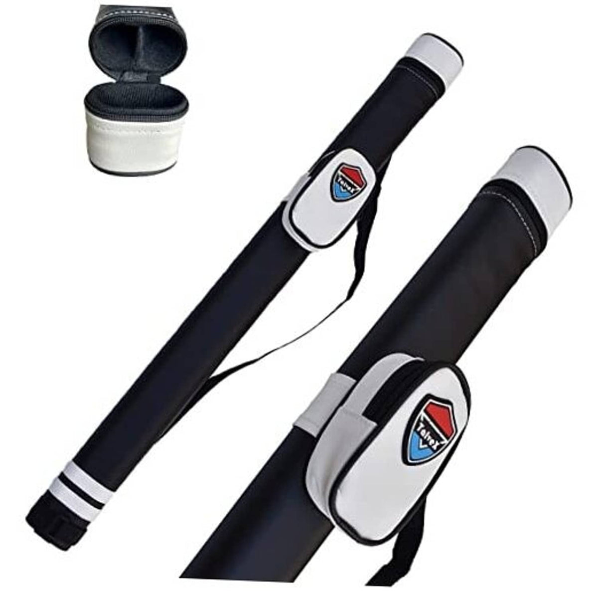 Pool cue hard case for 1 cue, navy/black with white end caps and zipper storage pouch