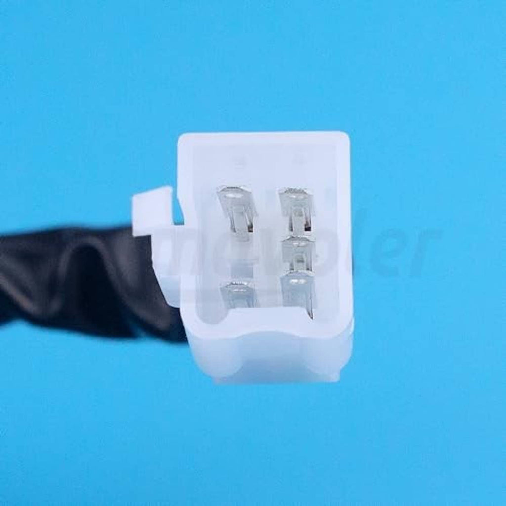 Close-up of white 5-pin connector plug on blue AC CDI ignition box