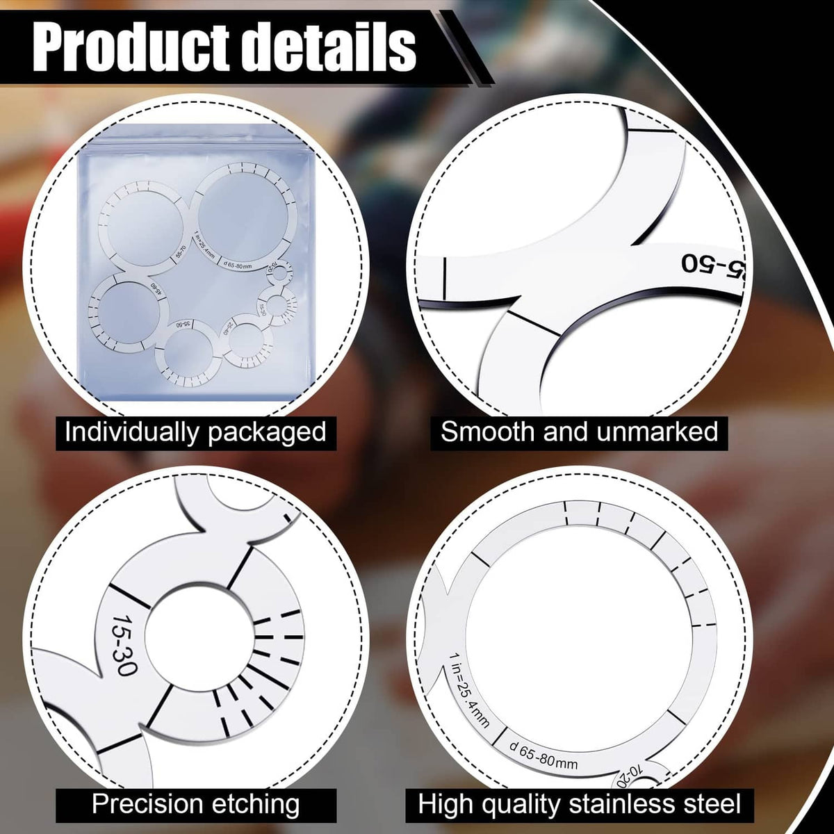 Round corner cutting templates with etched rings and smooth surfaces, stainless steel style