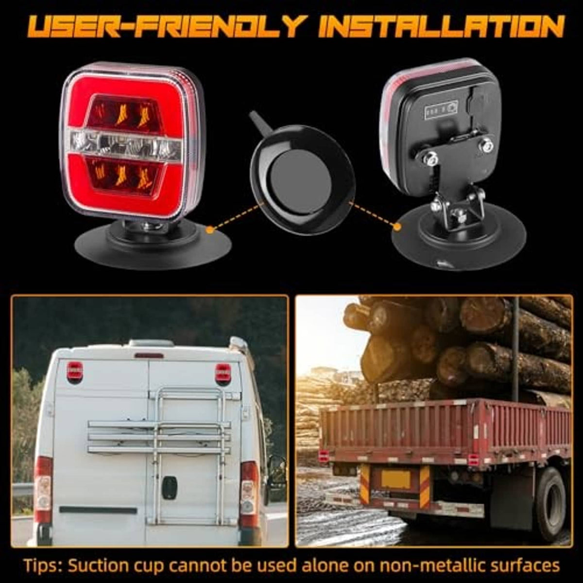 Adjustable trailer lights showing magnetic disk base and lamp angle adjustment