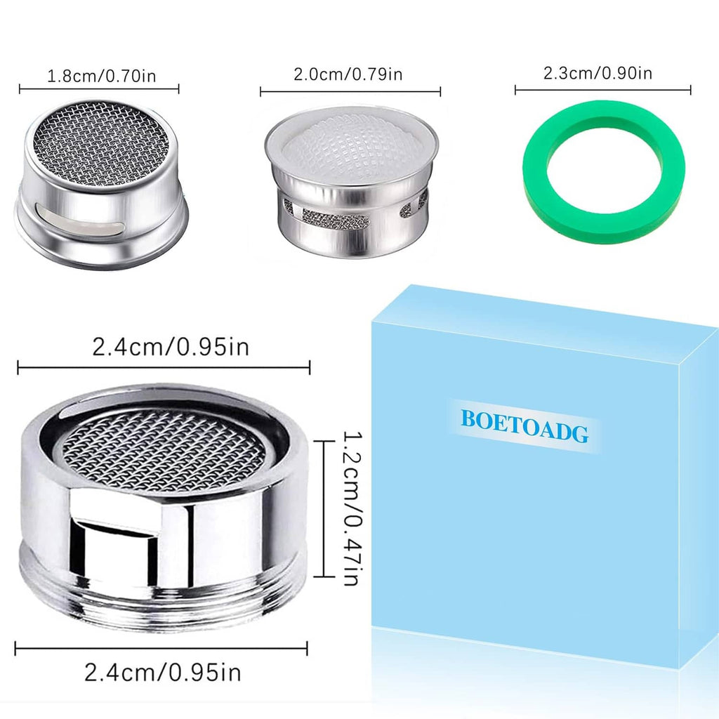 Faucet aerator with silver housing, mesh filter insert, and green gasket ring