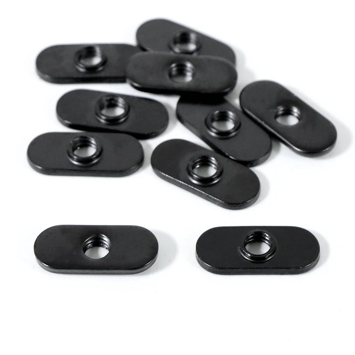 Black 1/4-20 centered slide T-nuts, flat base with threaded inserts