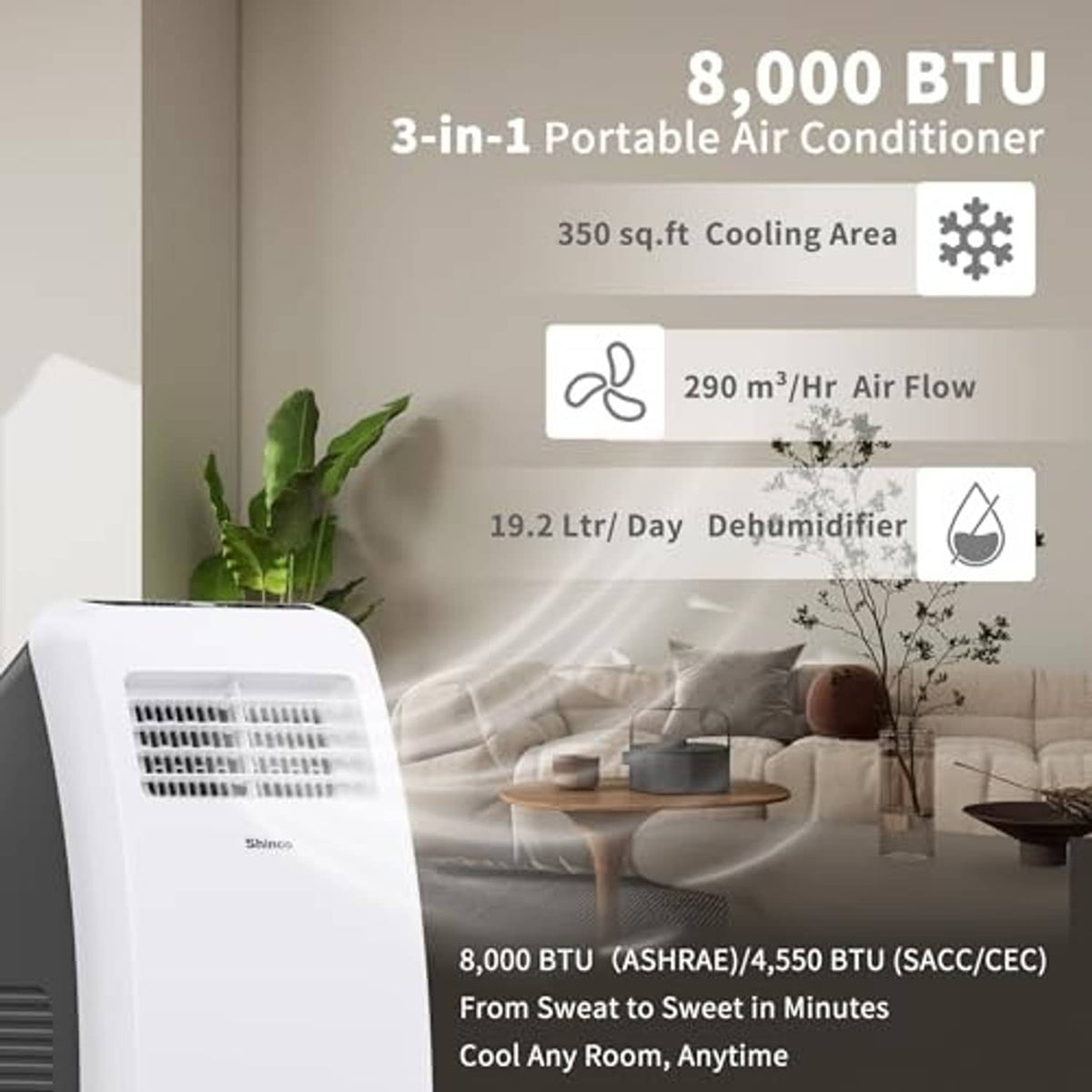 White portable air conditioner unit with front vent grille