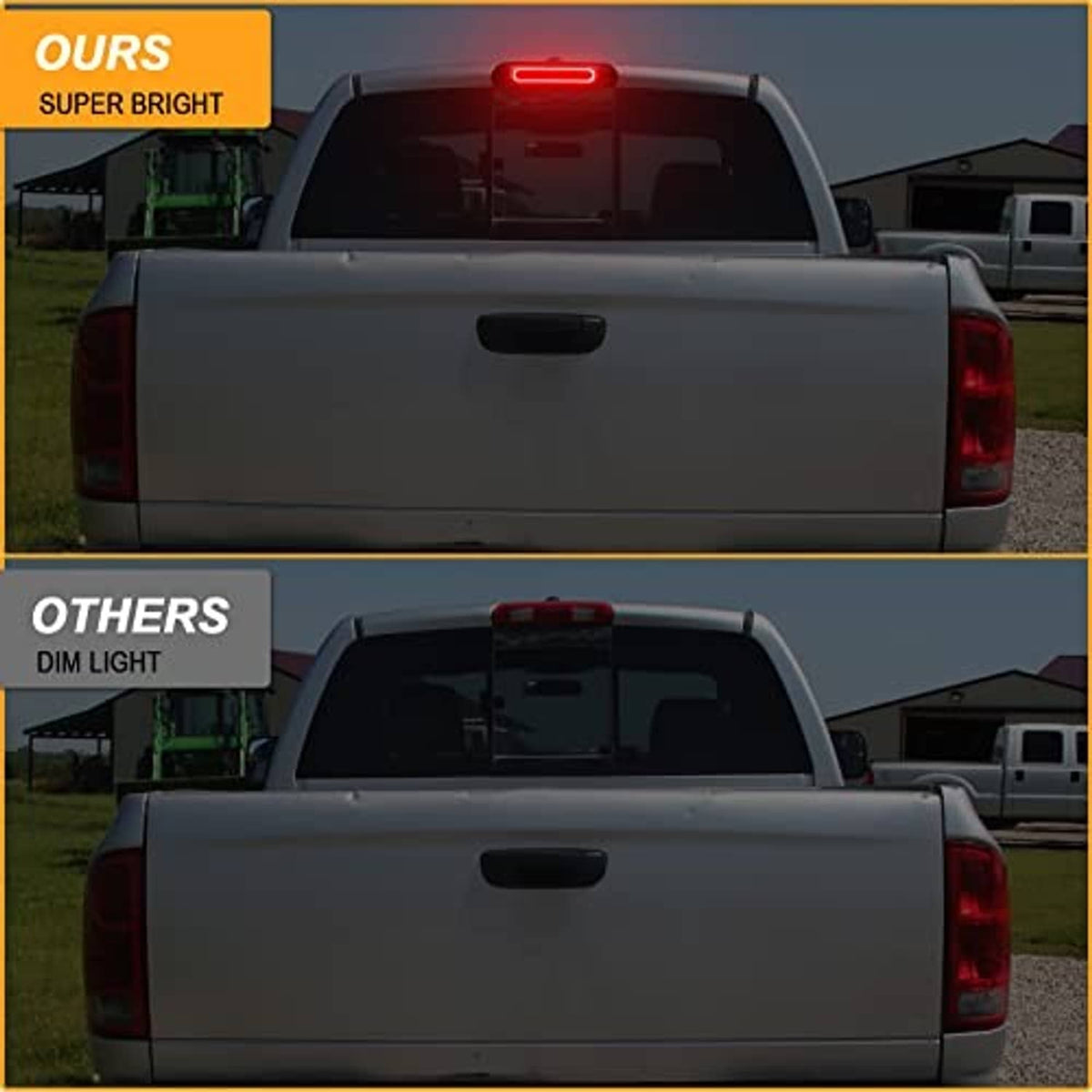 LED high mount brake light with bright red glowing strip on a rear pickup