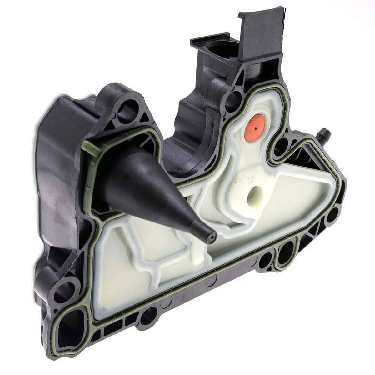 Oil separator valve assembly with black frame, white components, and small orange indicator