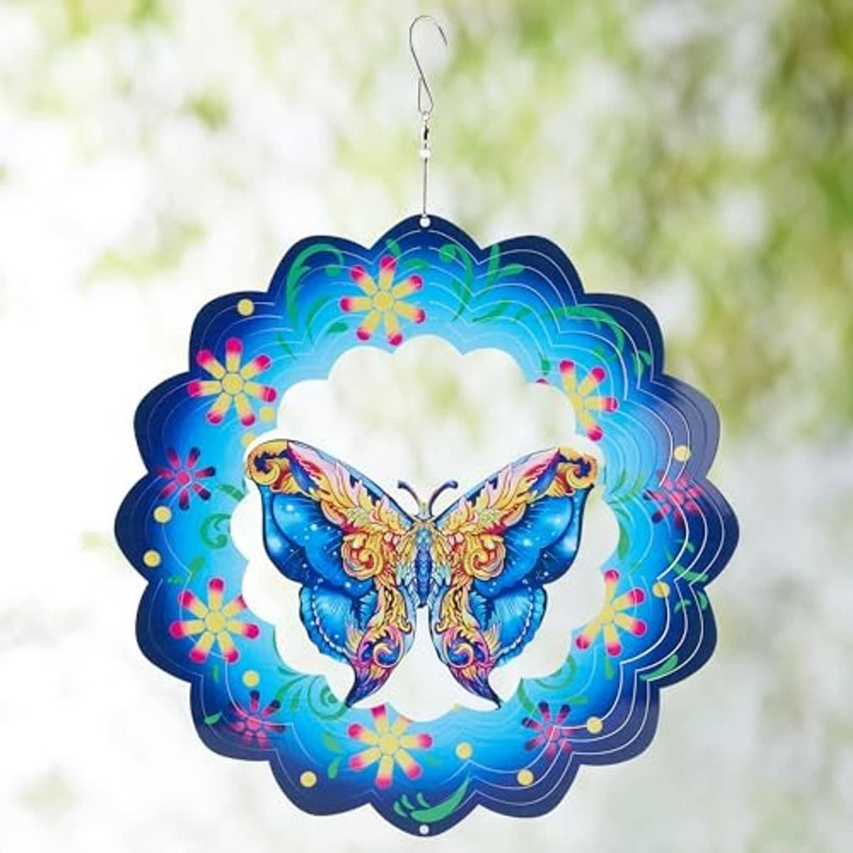 3D butterfly wind spinner with blue butterfly center and scalloped metal frame