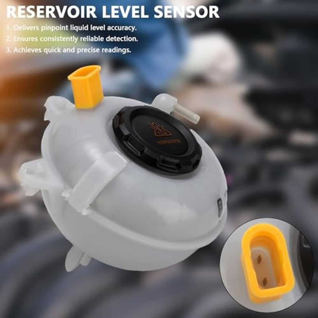 Coolant reservoir tank with level sensor, white housing; black cap and orange sensor vent.