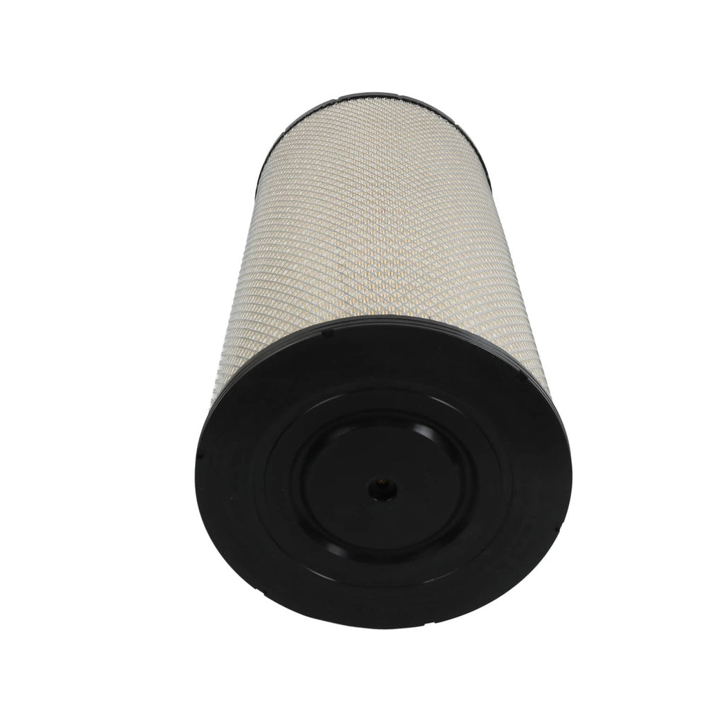 Bottom view of engine air filter with black base disc and tan pleated filter media