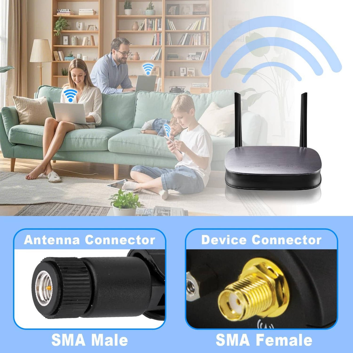 Black omnidirectional antenna connector end with SMA male interface